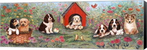 Framed Puppies And Doghouse Border Print