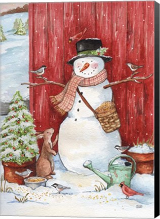 Framed Snowman with Birds and Flurries Print