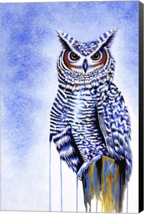 Framed Great Horned Owl In Blue Print
