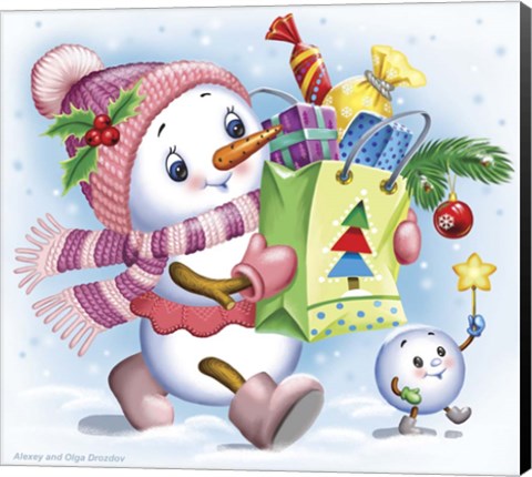Framed Snow Girl with Gifts Print