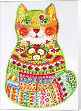 Framed Green Folk Cat 1 Print