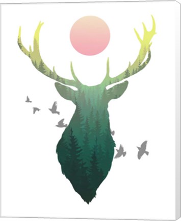 Framed Green Ombre Forest in Stag Silhouette Print