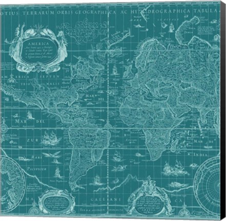 Framed Blueprint World Map, teal Print