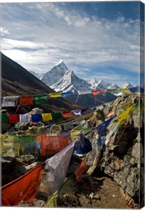 Framed Prayer flags, Everest Base Camp Trail, peak of Ama Dablam, Nepal Print