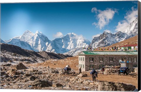 Framed Trekkers and yaks in Lobuche on a trail to Mt Everest Print