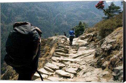 Framed Trekkers on the trail towards Namche Bazaar, Khumbu, Nepal Print