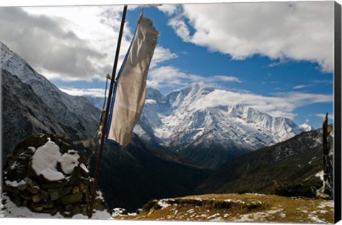 Framed Prayer flags on ridge above Dole, peak of Ama Dablam, Nepa, Print