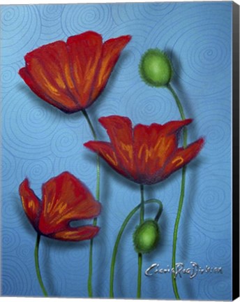 Framed Red Poppies on Blue Print