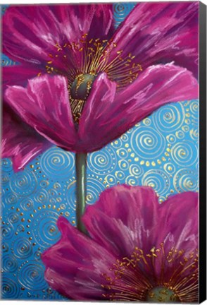 Framed Pink Poppies on Blue Print