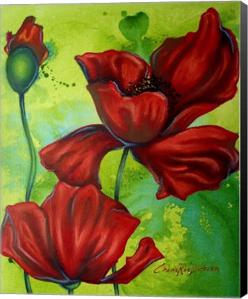 Framed Red Poppies on Green Print