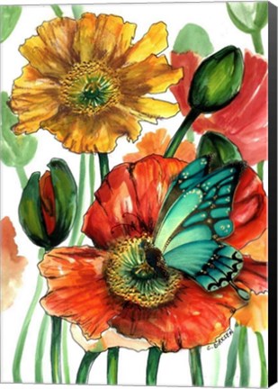 Framed Poppies and Blue Butterfly Print