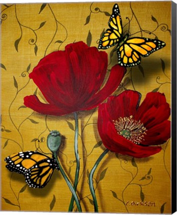 Framed Red Poppies With Yellow Butterflies Print
