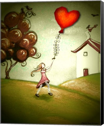 Framed Girl Flying a Heart Balloon Print