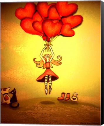 Framed Girl Holding Heart Balloons Print
