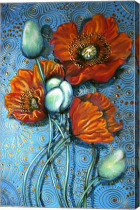 Framed Orange Poppies on Blue Print