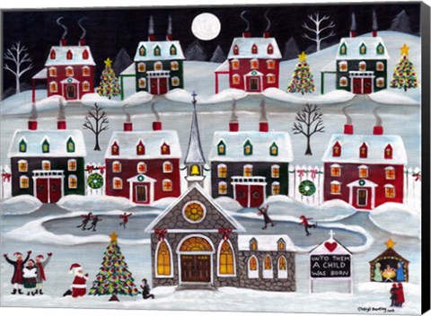Framed Child is Born Christmas Skating Village Print