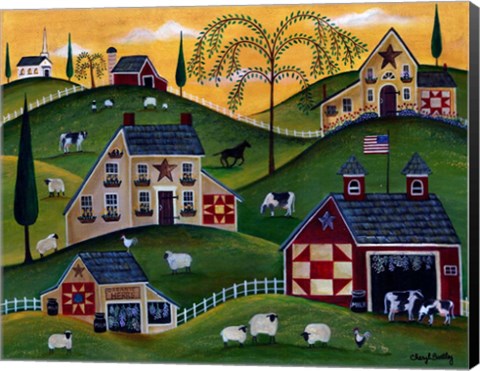 Framed American Organic Herb  Sheep Cow Farmland Print