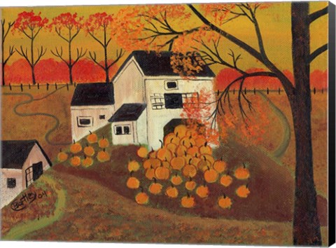 Framed Pumpkin Barn Autumn Folk Art Print