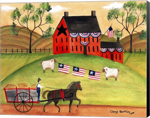 Framed Primitive Americana Sheep with Horse and Wagon Print