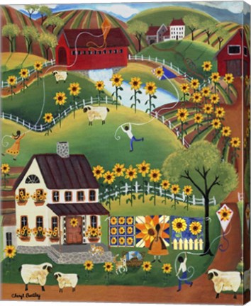 Framed Primitive Quilt Maker House Sunflower Sheep Print