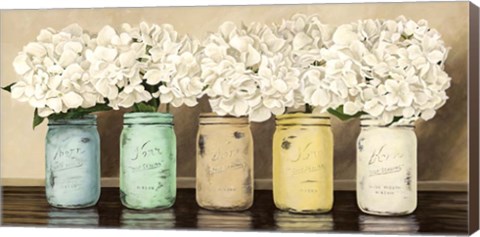 Framed Hydrangeas in Mason Jars Print