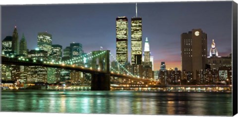 Framed Brooklyn Bridge and Twin Towers at Night Print