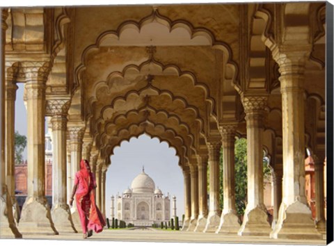 Framed Woman in traditional Sari walking towards Taj Mahal Print