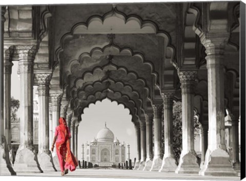 Framed Woman in traditional Sari walking towards Taj Mahal (BW) Print