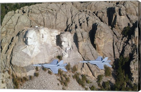 Framed Two F/A-18E Super Hornets conduct a fly by of Mount Rushmore Print