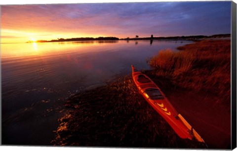 Framed Kayak and Sunrise in Little Harbor in Rye, New Hampshire Print