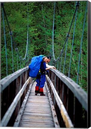 Framed Hikers on a Footbridge Across Pemigewasset River, New Hampshire Print
