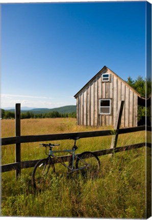 Framed Mountain bike and barn on Birch Hill, New Durham, New Hampshire Print