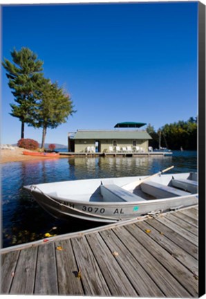 Framed Skiff and boathouse at Oliver Lodge on Lake Winnipesauke, Meredith, New Hampshire Print