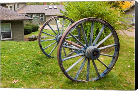 Framed Wagon wheels at Oliver Lodge on Lake Winnipesauke, Meredith, New Hampshire Print