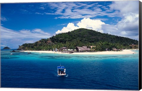 Framed Boat Approaching Castaway Island Resort, Mamanuca Islands, Fiji Print