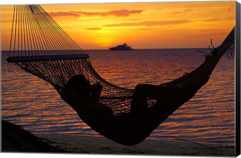 Framed Beach hammock, Plantation Island, Malolo Lailai, Fiji Print