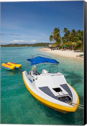 Framed Powerboat and banana boat, Plantation Island Resort, Malolo Lailai Island, Mamanuca Islands, Fiji Print