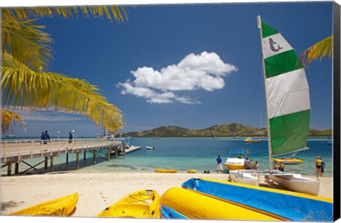 Framed Jetty, boats and hobie cat, Plantation Island Resort, Malolo Lailai Island, Mamanuca Islands, Fiji Print