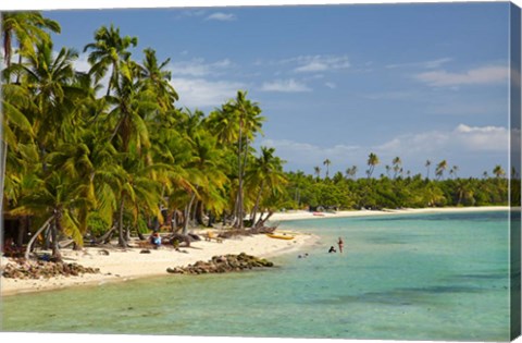 Framed Beach, palm trees and beachfront bures, Plantation Island Resort, Malolo Lailai Island, Mamanuca Islands, Fiji Print