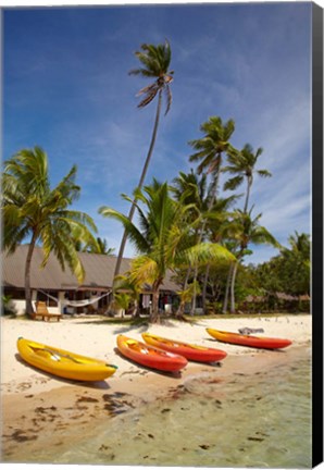 Framed Kayak on the beach, and waterfront bure, Mamanuca Islands, Fiji Print