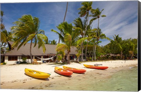 Framed Kayak on the beach, and waterfront bure, Plantation Island Resort, Malolo Lailai Island, Mamanuca Islands, Fiji Print