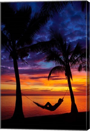 Framed Woman in hammock, and palm trees at sunset, Coral Coast, Viti Levu, Fiji Print