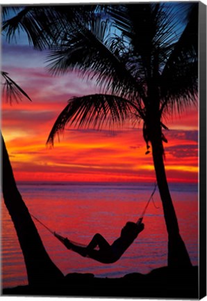 Framed Woman in hammock, and palm trees at sunset, Fiji Print