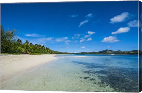 Framed White sand beach and turquoise water, Nanuya Lailai Island, Blue Lagoon, Yasawa, Fiji Print