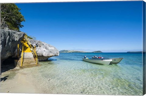 Framed Little motorboats anchoring before the Sawa-I-Lau Caves, Yasawa, Fiji, South Pacific Print