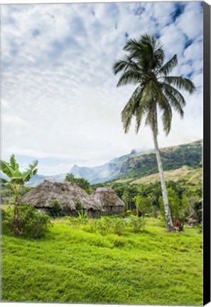 Framed Traditional thatched roofed huts in Navala in the Ba Highlands of Viti Levu, Fiji, South Pacific Print