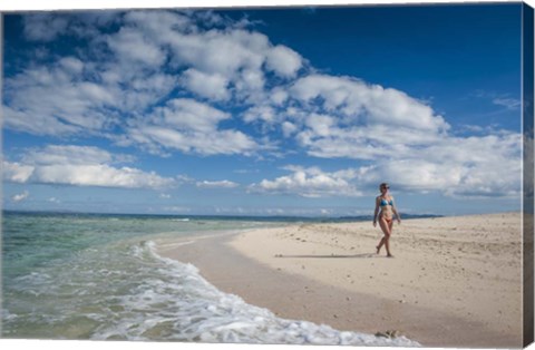 Framed Woman walking on white sand beach of Beachcomber Island, Mamanucas Islands, Fiji Print