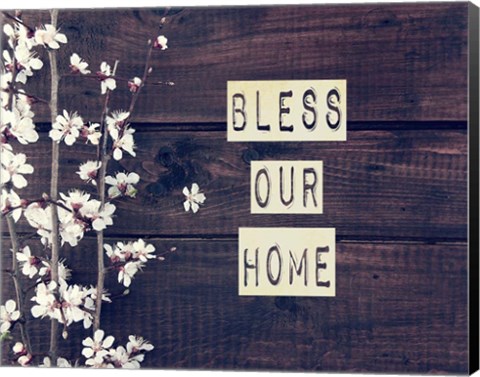 Framed Bless Our Home Flowers on Wood Background Print