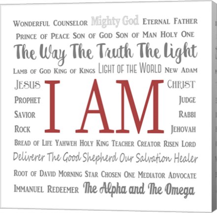 Framed Names of Jesus Square Gray and Red Text Print