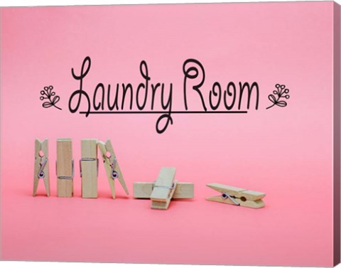 Framed Laundry Room Sign Clothespins Pink Background Print